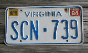 Virginia Blue Border License Plate 1984