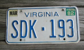 Virginia Blue Border License Plate 1982