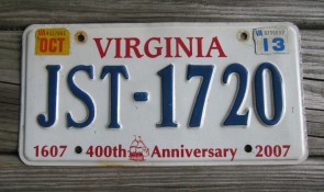Virginia Jamestown 400th Anniversary License Plate 2013
