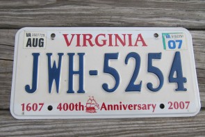 Virginia Jamestown 400th Anniversary License Plate 2007 JWH 5254
