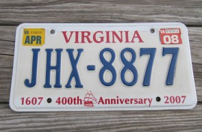 Virginia Jamestown 400th Anniversary License Plate 2008 JHX 8877