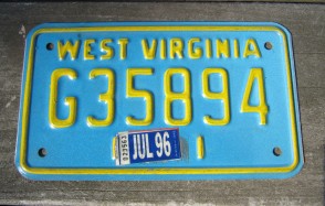 West Virginia Motorcycle License Plate Yellow Blue 1996