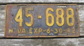 West Virginia Yellow Black License Plate 1942