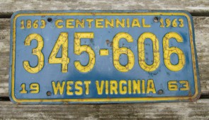 West Virginia Mountain State License Plate 1863 Centennial 1963 Yellow Blue 