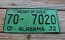 Alabama Green License Plate 1972 Heart of Dixie 70 7020